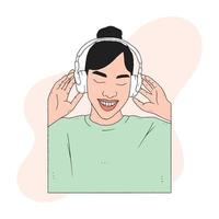 un mujer vistiendo un auriculares es escuchando a música vector