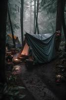 Wilderness Survival. Bushcraft Tent Under the Tarp in Heavy Rain, Embracing the Chill of Dawn. A Scene of Endurance and Resilience photo