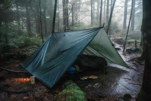 Wilderness Survival. Bushcraft Tent Under the Tarp in Heavy Rain, Embracing the Chill of Dawn. A Scene of Endurance and Resilience photo