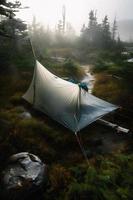 Wilderness Survival. Bushcraft Tent Under the Tarp in Heavy Rain, Embracing the Chill of Dawn. A Scene of Endurance and Resilience photo