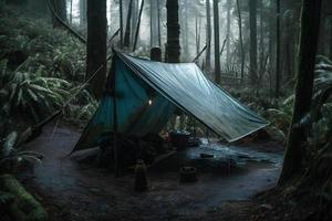 Wilderness Survival. Bushcraft Tent Under the Tarp in Heavy Rain, Embracing the Chill of Dawn. A Scene of Endurance and Resilience photo