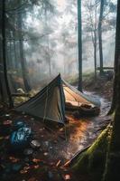 Wilderness Survival. Bushcraft Tent Under the Tarp in Heavy Rain, Embracing the Chill of Dawn. A Scene of Endurance and Resilience photo