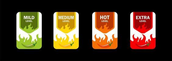 Spicy level labels of pepper with fire flames, vector mild, medium and extra hot taste. Spicy flavor level labels or stickers for package with burning flame of chili pepper, jalapeno or tabasco sauce
