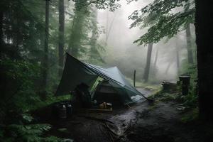Wilderness Survival. Bushcraft Tent Under the Tarp in Heavy Rain, Embracing the Chill of Dawn. A Scene of Endurance and Resilience photo