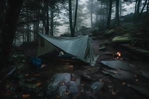 Wilderness Survival. Bushcraft Tent Under the Tarp in Heavy Rain, Embracing the Chill of Dawn. A Scene of Endurance and Resilience photo