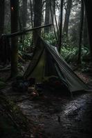 Wilderness Survival. Bushcraft Tent Under the Tarp in Heavy Rain, Embracing the Chill of Dawn. A Scene of Endurance and Resilience photo