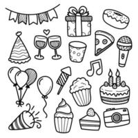 Set of party element vector illustrations in cute doodle style isolated on white background