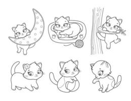 Vector set of cute cartoon style cat in different poses. Animal character illustration for children. Hand drawn line drawings of funny kitten. Big collection of pets for kids, coloring, animation.