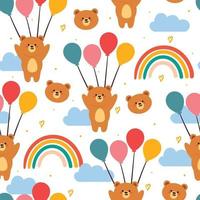 seamless pattern cartoon bear flying with balloon with sky element. cute animal wallpaper illustration for gift wrap paper vector