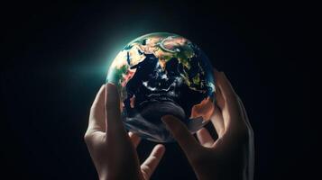 Hand holding the Earth planet. Earth day concept . . photo