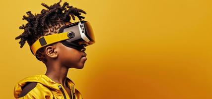 Side view of a young boy put on VR glasses isolated over yellow background. photo