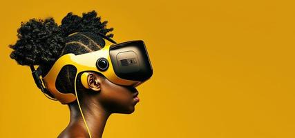 Side view of a young woman put on VR glasses isolated over yellow background. photo