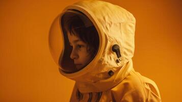Little kid wearing spacesuit. Cosmonaut concept. . photo