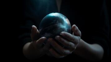 Hand holding the Earth planet. Earth day concept . . photo