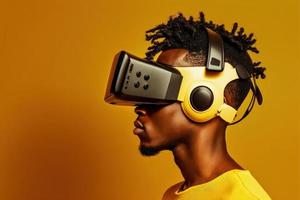 Side view of a man put on VR glasses isolated over yellow background. photo