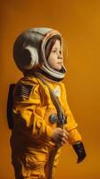 Little kid wearing spacesuit. Cosmonaut concept. . photo