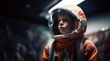 Little kid wearing spacesuit. Cosmonaut concept. . photo