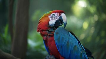 Colorful Macaw bird in forest background. . photo