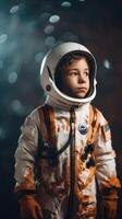 Little kid wearing spacesuit. Cosmonaut concept. . photo