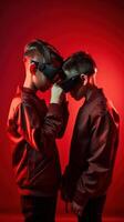 Child wearing VR glasses and wandering in the imagination. . photo