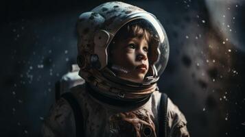 Little kid wearing spacesuit. Cosmonaut concept. . photo