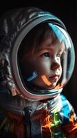 Little kid wearing spacesuit. Cosmonaut concept. . photo