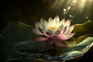 hermosa loto flor o agua lirio y hojas en un estanque con luz de sol y Brillo Solar en el mañana, generativo ai foto
