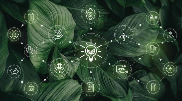 Fondo de ilustración de vector de negocio sostenible o negocio verde con concepto de icono de conexión relacionado con el conjunto de iconos ambientales respetuosos con el medio ambiente. banners de cabecera web y social para esg. foto