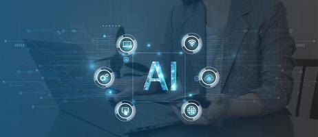 AI, Artificial Intelligence, Cloud Computing and Networks Concept. Businesswoman using mobile phone and laptop computer with IOT icons. photo