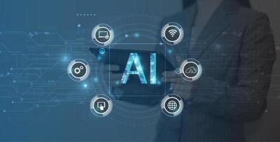 AI, Artificial Intelligence, Cloud Computing and Networks Concept. Businesswoman using mobile phone and laptop computer with IOT icons. photo