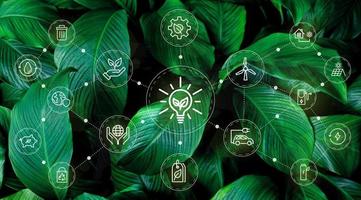 Fondo de ilustración de vector de negocio sostenible o negocio verde con concepto de icono de conexión relacionado con el conjunto de iconos ambientales respetuosos con el medio ambiente. banners de cabecera web y social para esg. foto