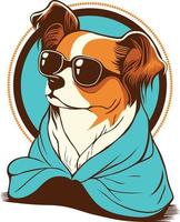 perro vistiendo un gafas de sol y toalla para playa fiesta vector