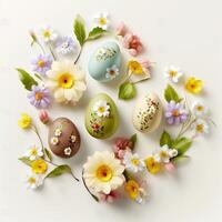 Easter eggs and flowers on a white background. Top view. . photo