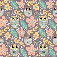 Owl seamless pattern with flower and nature leaves vector