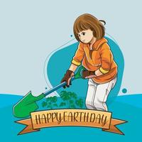Happy earth day with a girl gardening outside vector illustration free download