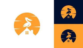 real inmuebles logo con pelícano pájaro silueta y puesta de sol vector