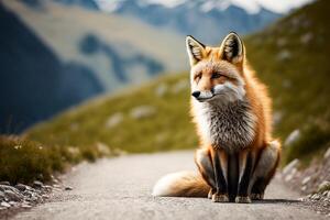 Sitting wild red fox on the road for tourists high in the mountains, illustration with copy space. photo