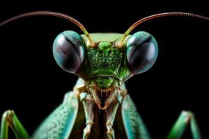 Very close and detailed macro portrait of a praying mantis against a dark background. photo