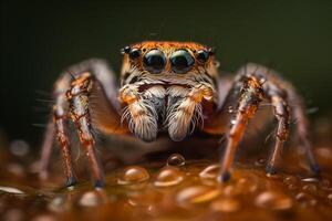 Very close and detailed macro portrait of a spider against a dark background. photo