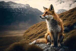 Sitting wild red fox on the road for tourists high in the mountains, illustration with copy space. photo