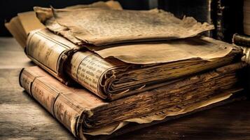 viejo, dañado libros o historia rollos escrito en el medio siglos o más temprano. ai generado foto