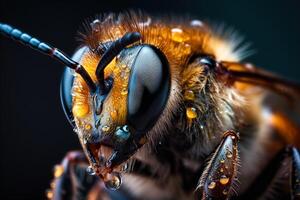 muy cerca y detallado macro retrato de un abeja cubierto en néctar y miel en contra un oscuro antecedentes. ai generado foto