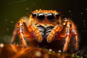 Very close and detailed macro portrait of a spider against a dark background. photo