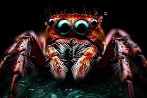 Very close and detailed macro portrait of a spider against a dark background. photo