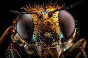 Very close and detailed macro portrait of a housefly with large eyes against a dark background. photo