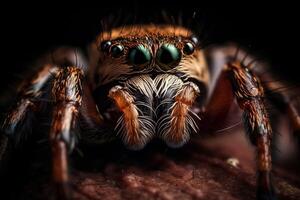 Very close and detailed macro portrait of a spider against a dark background. photo