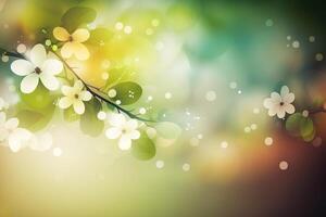 illustration of blooming spring flowers on a tree branch against the backdrop of beautiful bokeh and sunlight, copy space. photo