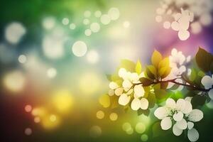 illustration of blooming spring flowers on a tree branch against the backdrop of beautiful bokeh and sunlight, copy space. photo