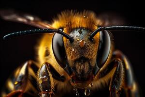 Very close and detailed macro portrait of a bee covered in nectar and honey against a dark background. photo