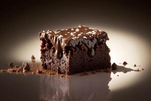 Delicious homemade chocolate brownie isolated on dark background. . Selective focus photo